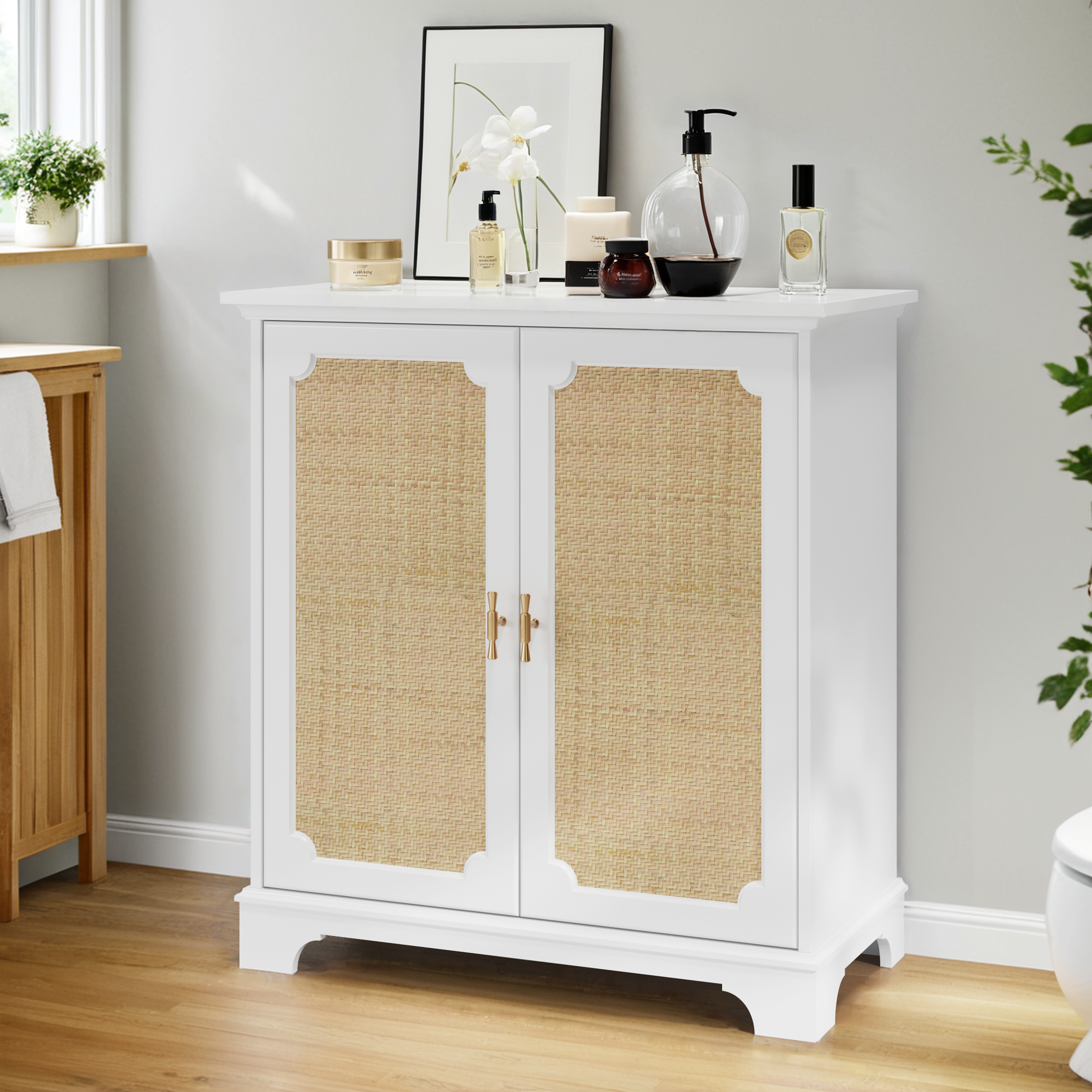 Kredens kuchenny 80 x 38 x 86 cm, wodoodporna konstrukcja odporna na promieniowanie UV, z regulowanymi półkami, biały, MDF oraz rattan