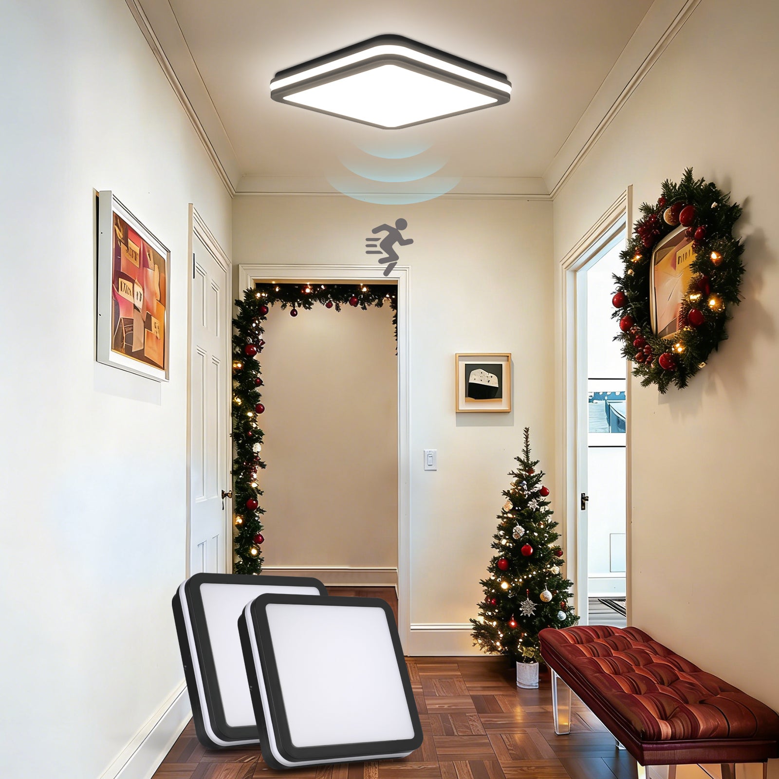 LOVHAUS 2 PCS Plafonnier LED Z Czujnikiem Ruchu 24W 4000K, Plafonnier LED Kwadratowy 26*26cm, IP54 Plafonnier LED ﾅ∥zienka Do Przedpokoju Piwnicy