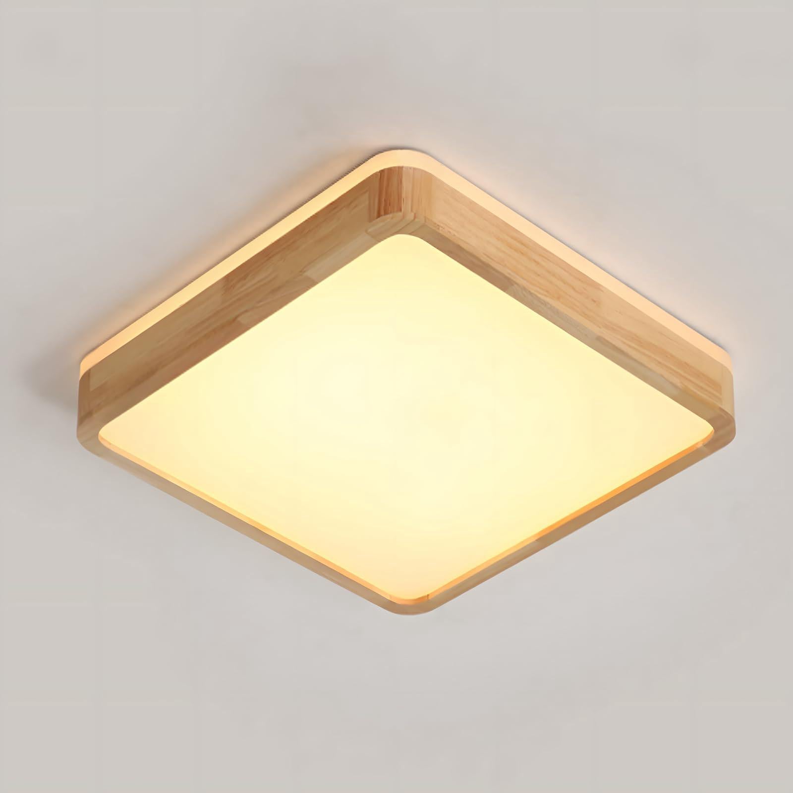 Lampa sufitowa LED z naturalnego drewna, kwadratowa lampa 360° | Ciepła biel 3000 K, 18 W, 1600 lm | Oświetlenie do salonu, kuchni, jadalni, biura, sy