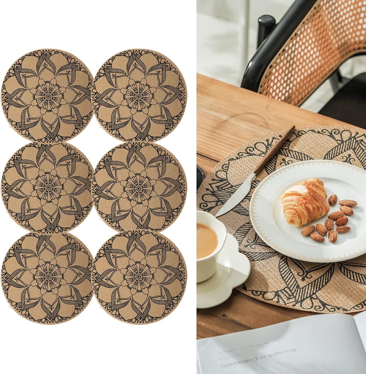 Zestaw 6 okrągłych podkładek pod talerze z nadrukiem w stylu boho, plecione PCV, zmywalne, odporne na ciepło, antypoślizgowe, podkładki na stół kuchen