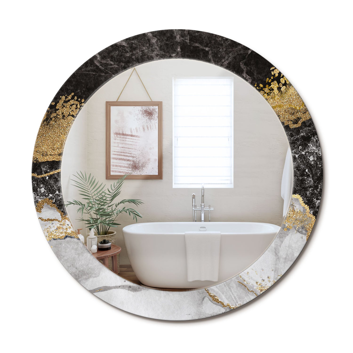 Nowoczesne lustro okrągłe z ozdobną szklaną ramą i motywem graficznym Marmur loft - 70 cm - ArtPrintCave