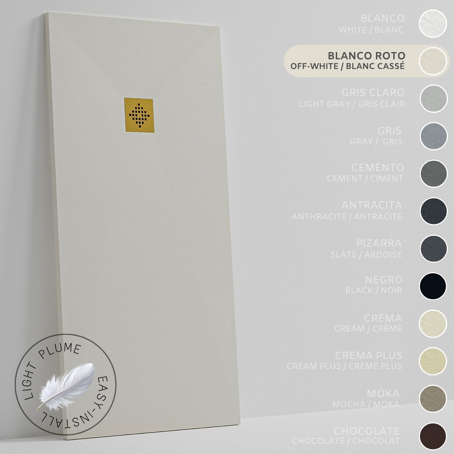 SOULHOME Lekki Brodzik z Żywicy tekstura Łupka złamana biel – 210x80- cm Ultra-płaski Zawiera Syfon i Kratkę Gold