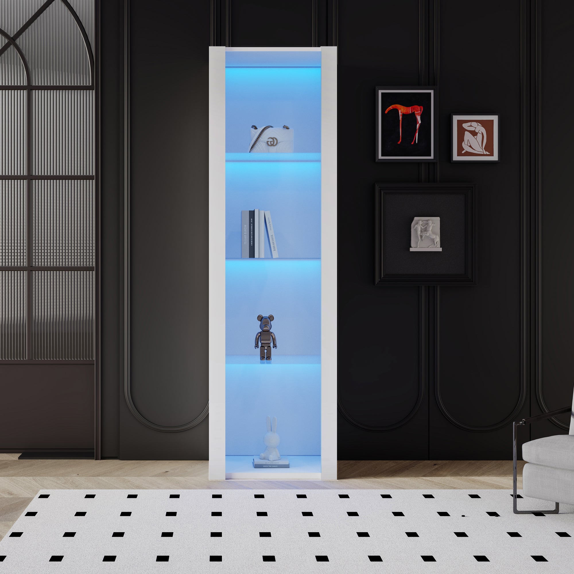 Witryna z 3 szklanymi półkami, wysoka komoda - 56 x 35 x 166 cm - diody LED - płyta wiórowa - kolor biały