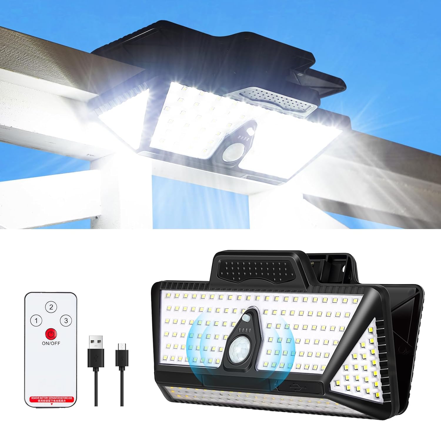 Lampa wrażliwa na ruch lampy słonecznej 6000mA, lampa klipsowa 208 LED, projektor słoneczny wodoodporny (białe światło)