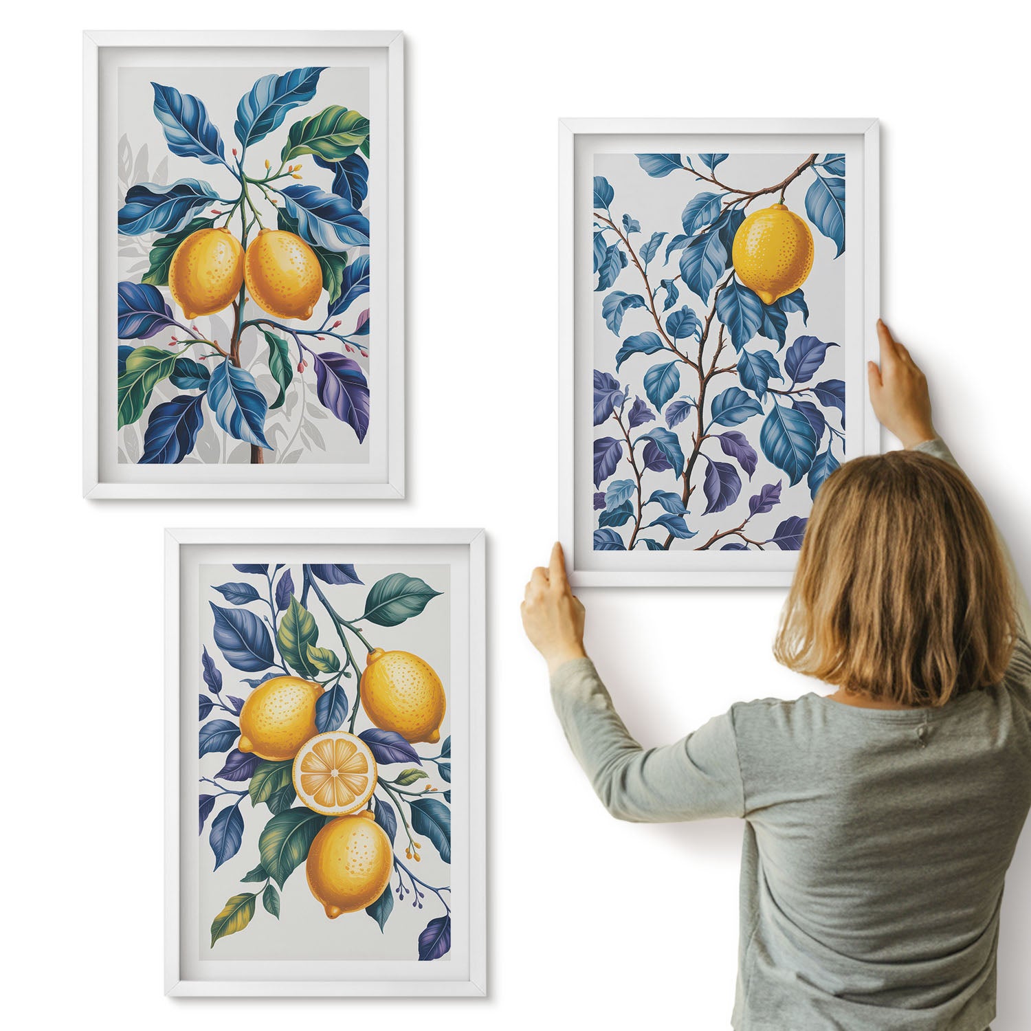 Galeria ścienna 3-częściowy komplet obrazów w białych ramach - Cytryny na gałęziach z błękitnymi liśćmi - ArtPrintCave