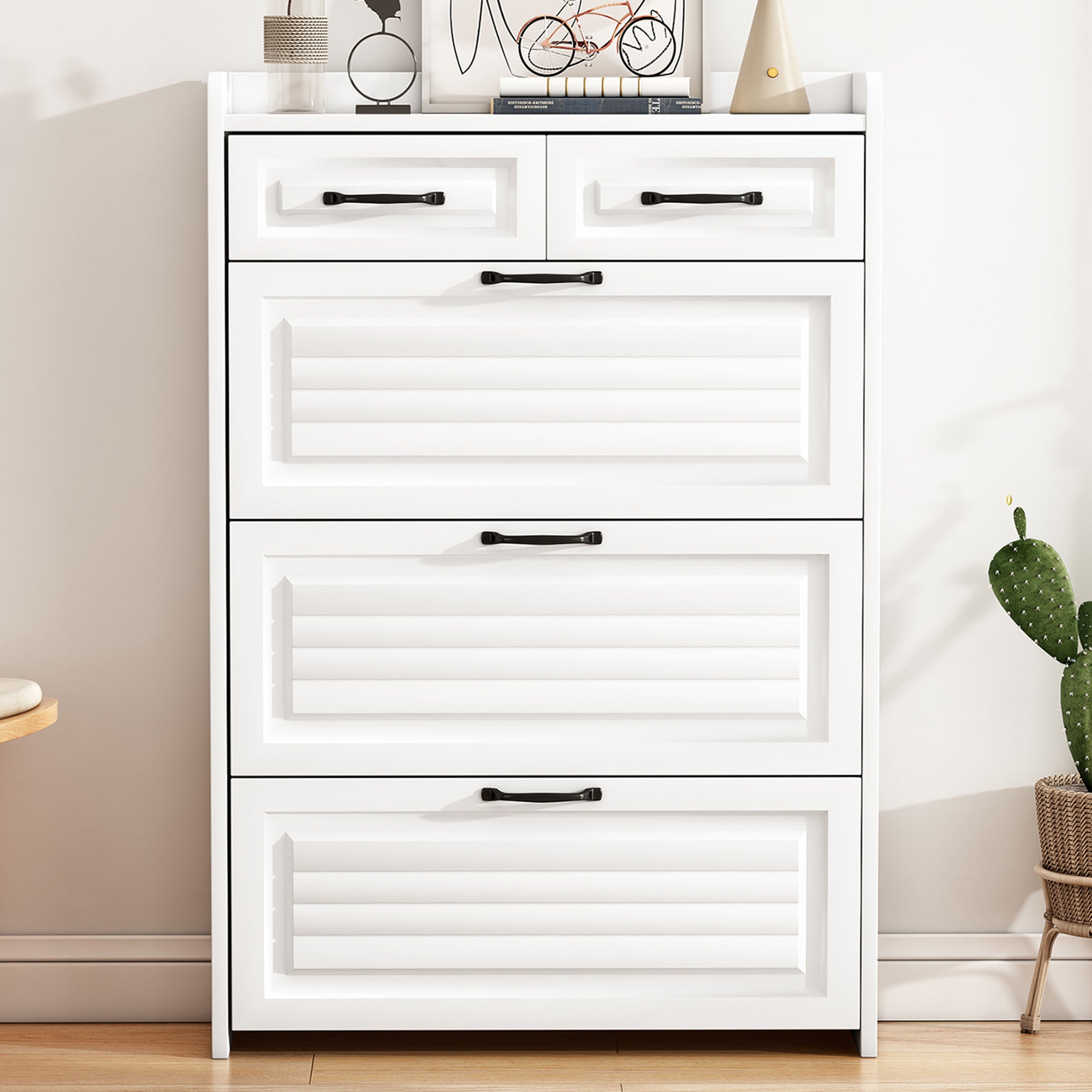 Szafka na buty z 2 szufladami i 3 drzwiami opuszczanymi - 80 x 23,5 x 131 cm - Płyta wiórowa - Kolor biały