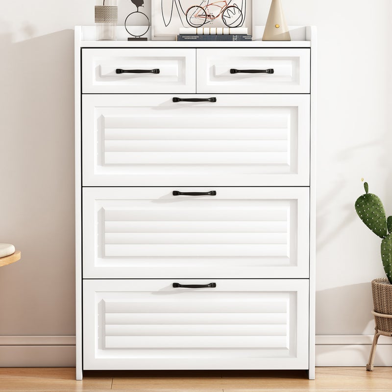 Szafka na buty z 2 szufladami i 3 drzwiami opuszczanymi - 80 x 23,5 x 131 cm - Płyta wiórowa - Kolor biały