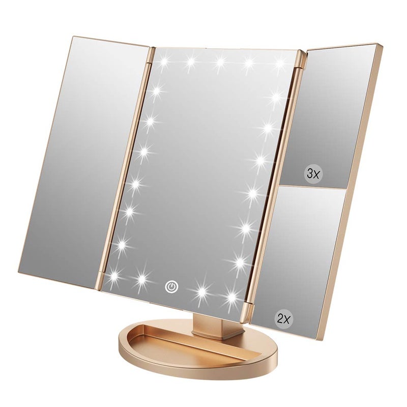Lustro do makijażu z 21 diodami LED, powiększenie 1x/2x/3x, składane na trzy części, akumulatorowe, do podróży (złote)