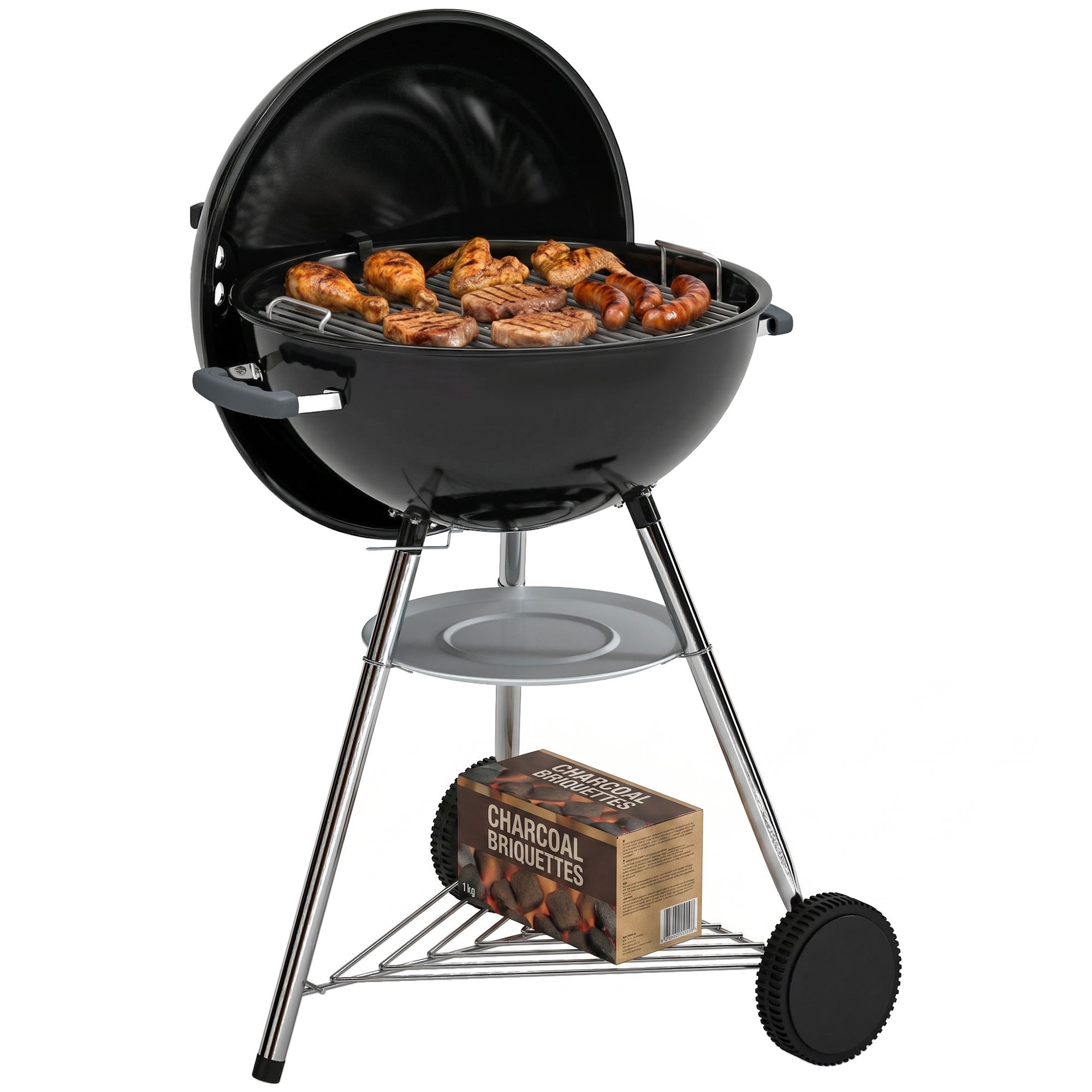 Przenośny grill węglowy, okrągły grill zewnętrzny z pokrywą, termometrem, kółkami, czarny.