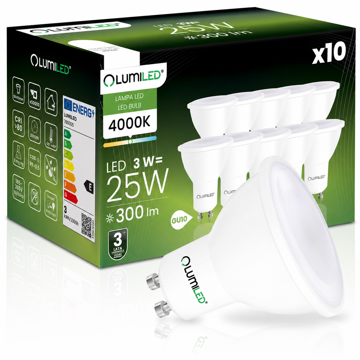 10x Żarówka LED GU10 Reflektor PAR16 3 W = 25 W 300 lm 4000K Neutralna biel 120st Lumiled