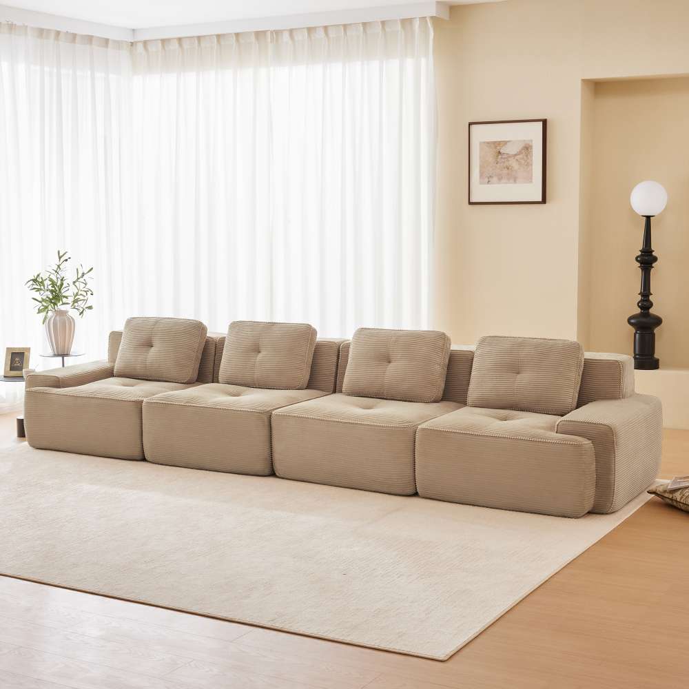 Modułowa, bezramowa sofa 4-osobowa, wygodna, prążkowana tkanina, antypoślizgowa, przyjazna dla zwierząt