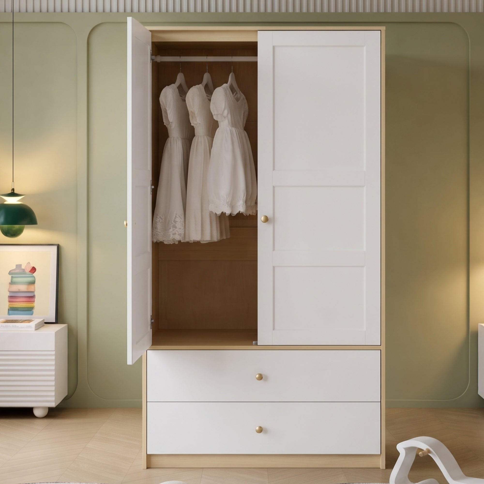 Szafa 2-drzwiowa z drążkiem na wieszaki, półkami i 2 szufladami, drzwi z efektem tłoczenia - MDF - 100 x 48 x 180 cm - Kolor biały i naturalne drewno