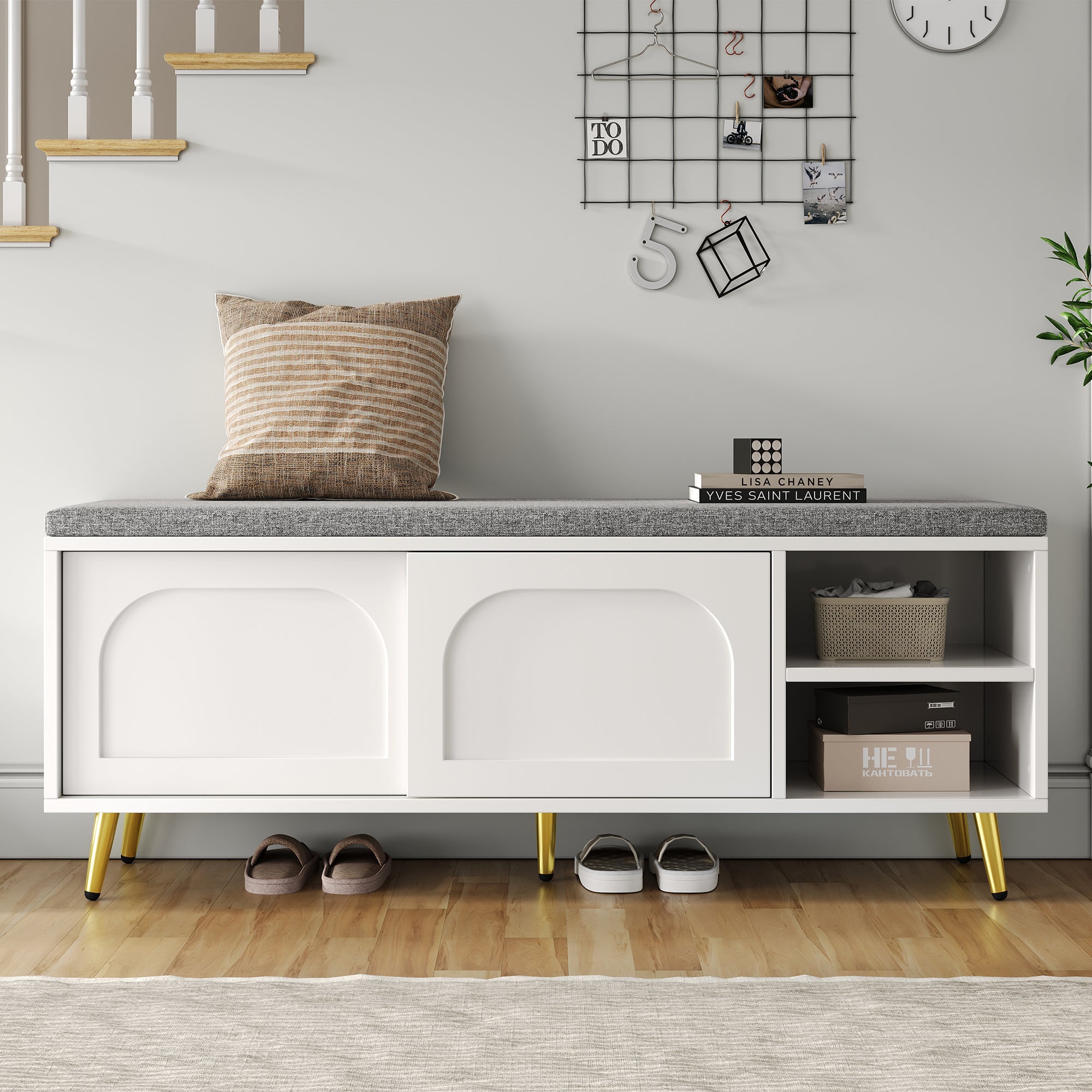 Szafa na buty 121x35x49cm - z poduszką - drzwi przesuwne i otwarte półki - biały