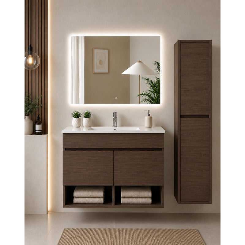 Wisząca szafka łazienkowa z umywalką ORIGENBATH NEBARI z drzwiami z kolumną 60x35 cm jesion tea z kolumną