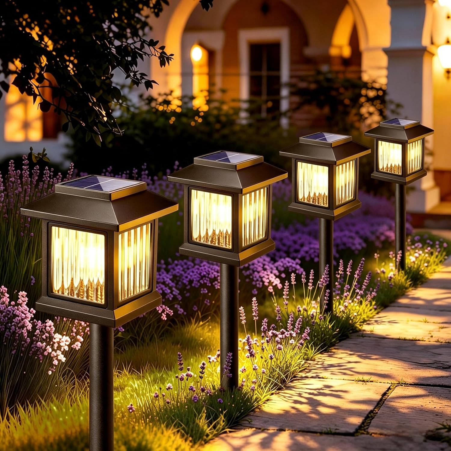 Zestaw 4 lamp ogrodowych zasilanych energią słoneczną, lampek LED na ścieżkę, dekoracyjnych lamp ogrodowych zasilanych energią słoneczną do ogrodu, b