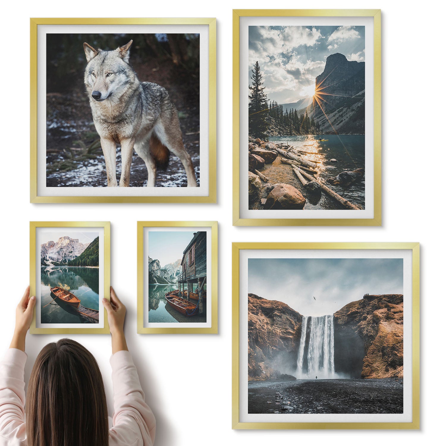 Galeria ścienna 5-częściowy komplet obrazów w złotych ramach - Krajobrazy natury z dziką fauną i wodospadami - ArtPrintCave