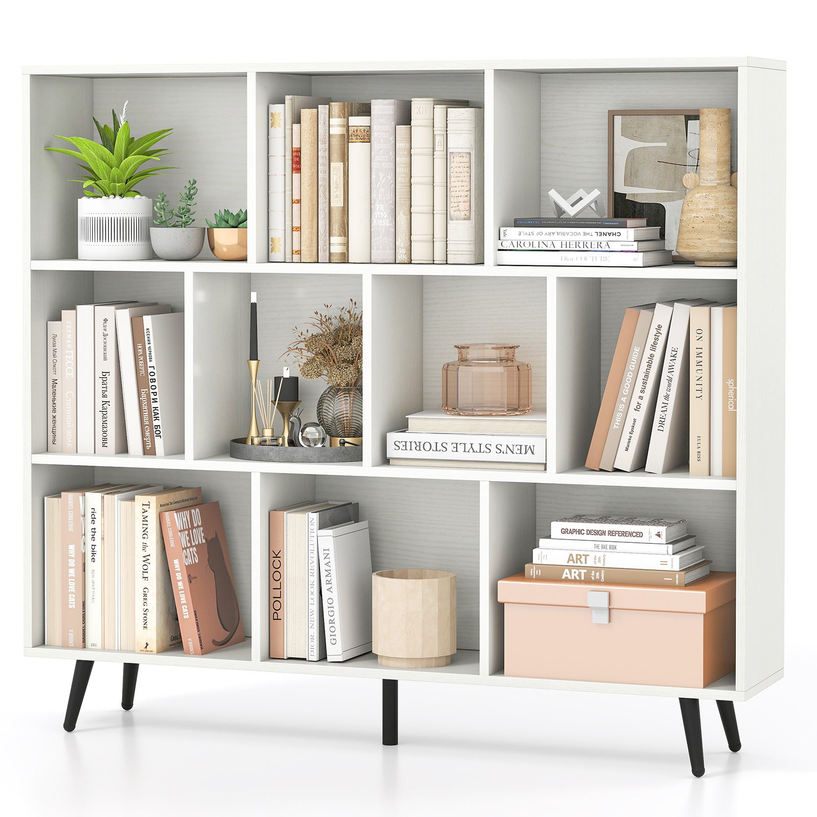 Regał na 10 koszy 120 x 24 x 107 cm, organizer z 5 smukłymi metalowymi nóżkami, półka z 2 zestawami zabezpieczającymi przed upadkiem, biały