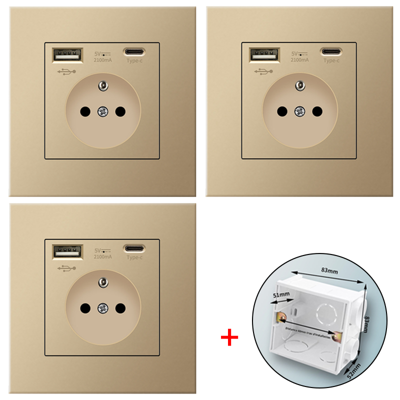 Zestaw 3 gniazd ściennych z USB i Type-C, 5 V 2,1 A, standard UE, podtynkowe gniazdo USB, listwa zasilająca z puszką montażową, 110-250 V (złote)