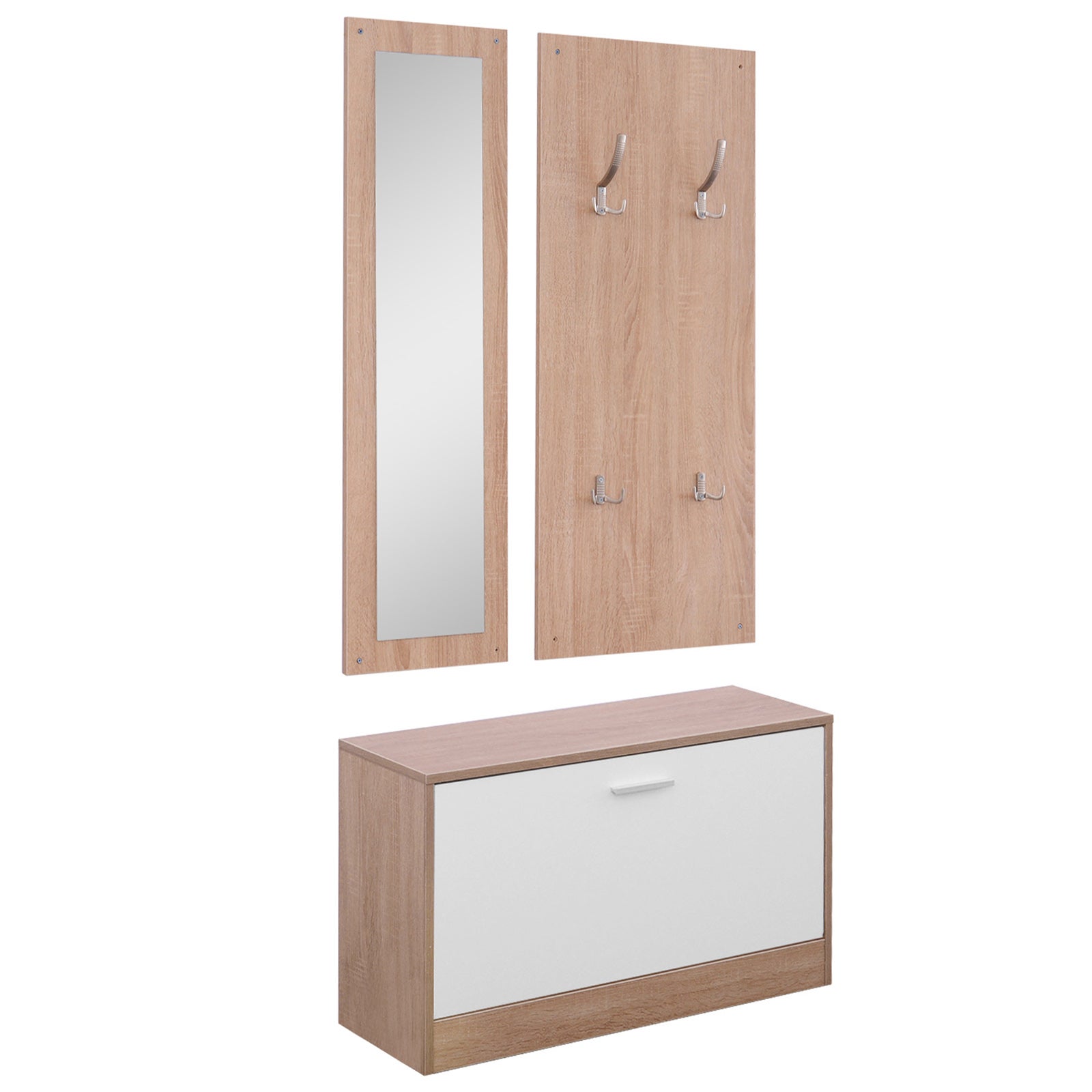Zestaw mebli do przedpokoju z drewna, 3 sztuki, z półką na buty, wieszakiem na ubrania i lustrem, 80 x 27 x 46,5 cm – kolor drewna
