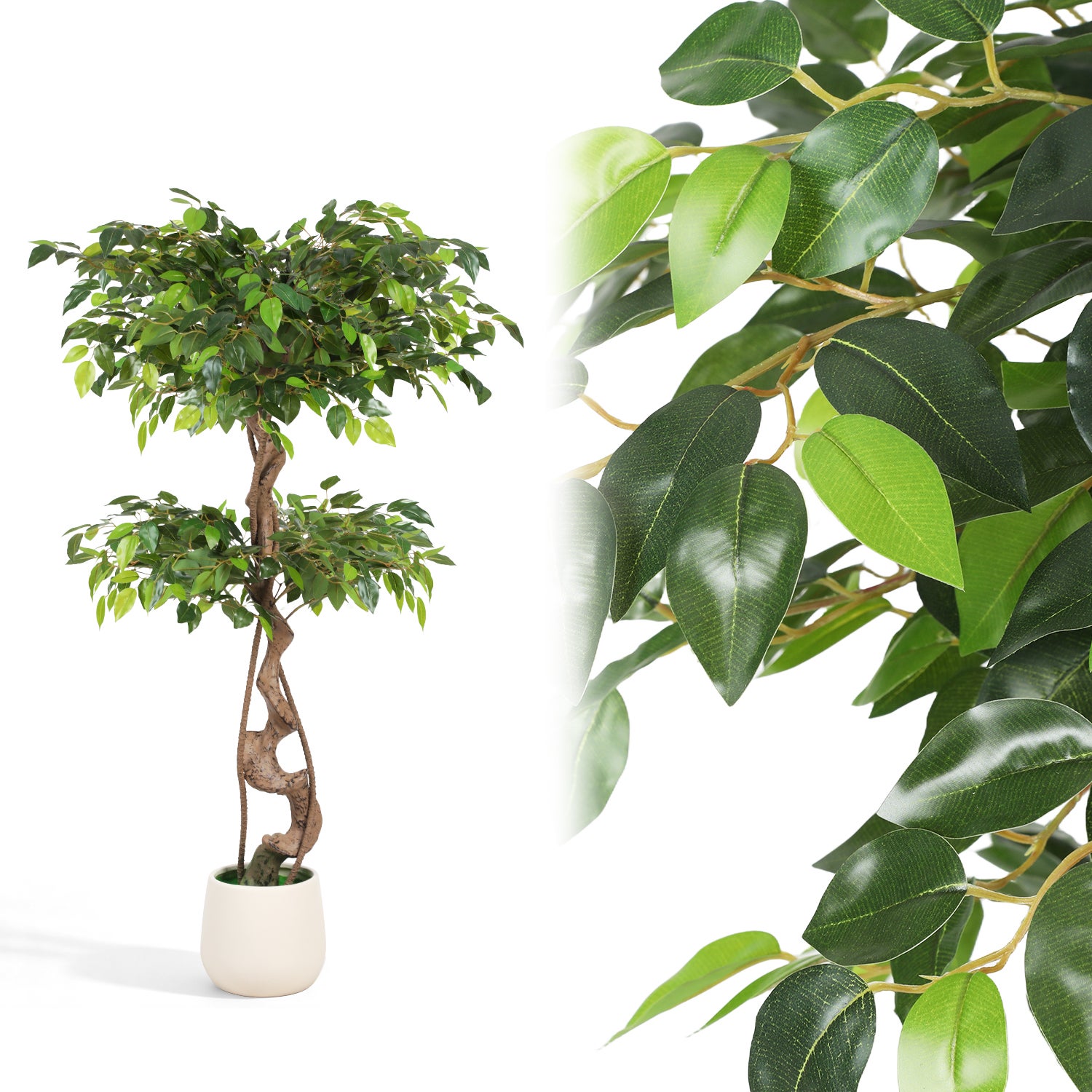 Sztuczna roślina Ficus 120 cm, brązowy pień, biała doniczka