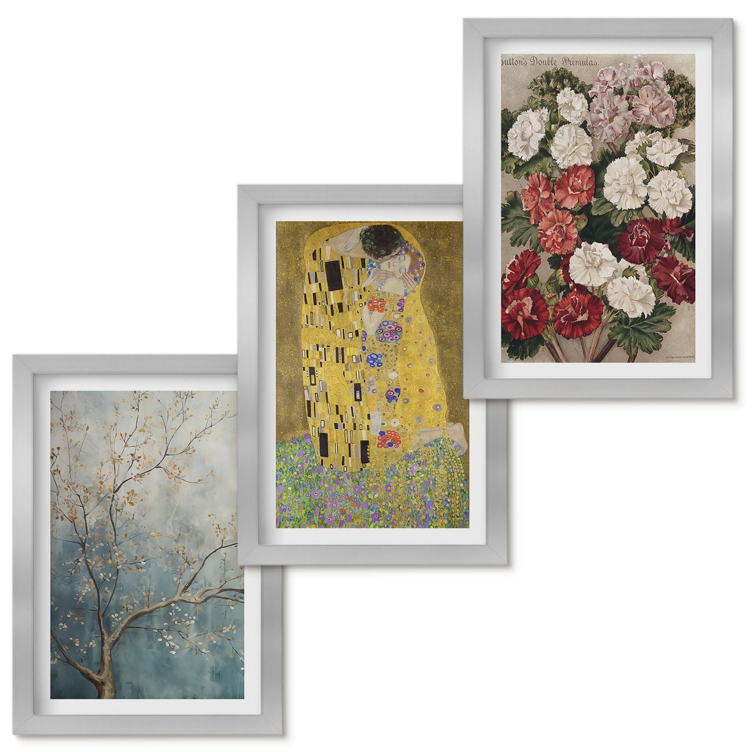 Zestaw obrazów w ramie - 3 części | Kwiaty i drzewa w stylu malarskim Pocałunek Gustav Klimt | Srebrna ramka