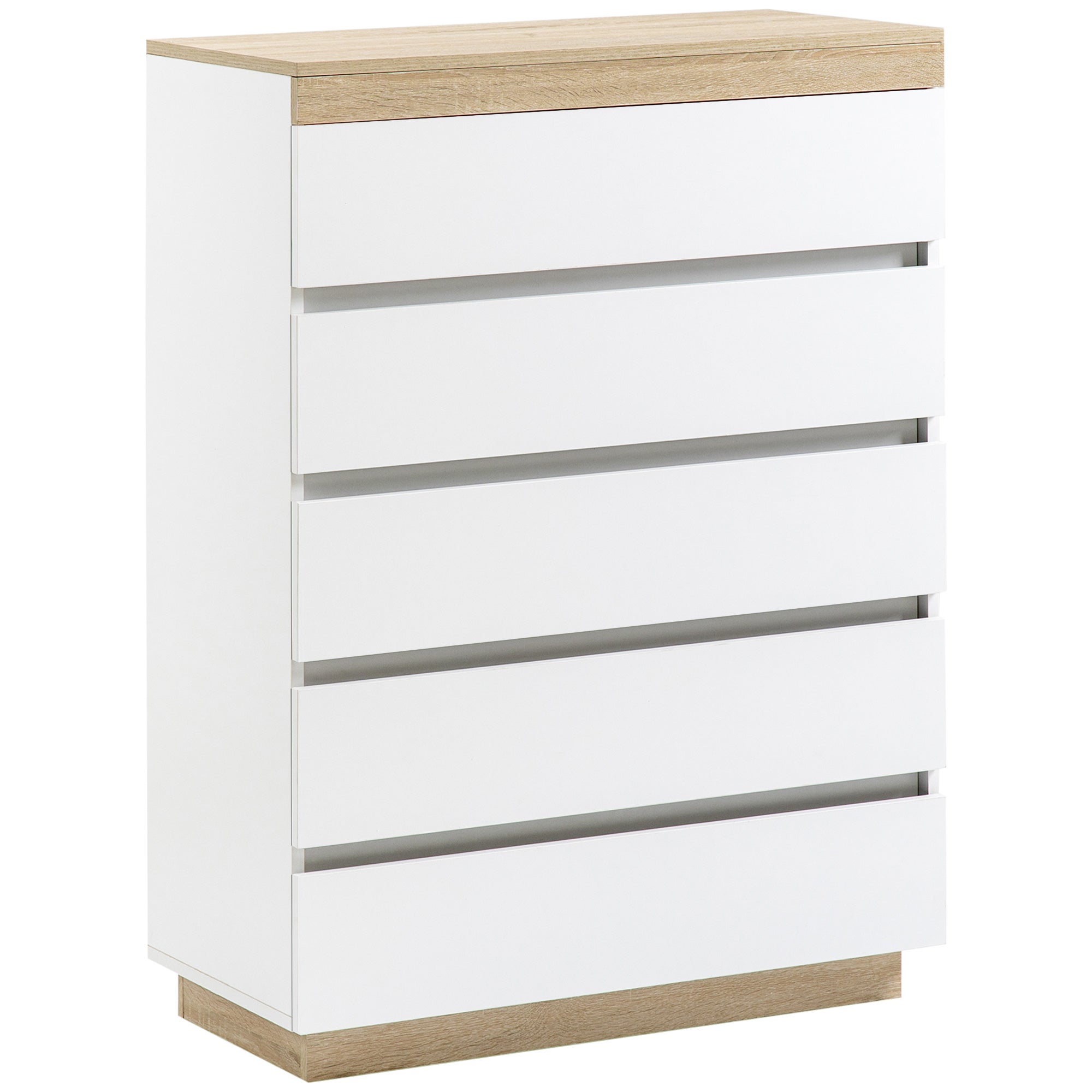Minimalistyczna drewniana komoda z 5 szufladami, 80 x 40 x 109 cm, wykończenie w kolorze białym i dębowym
