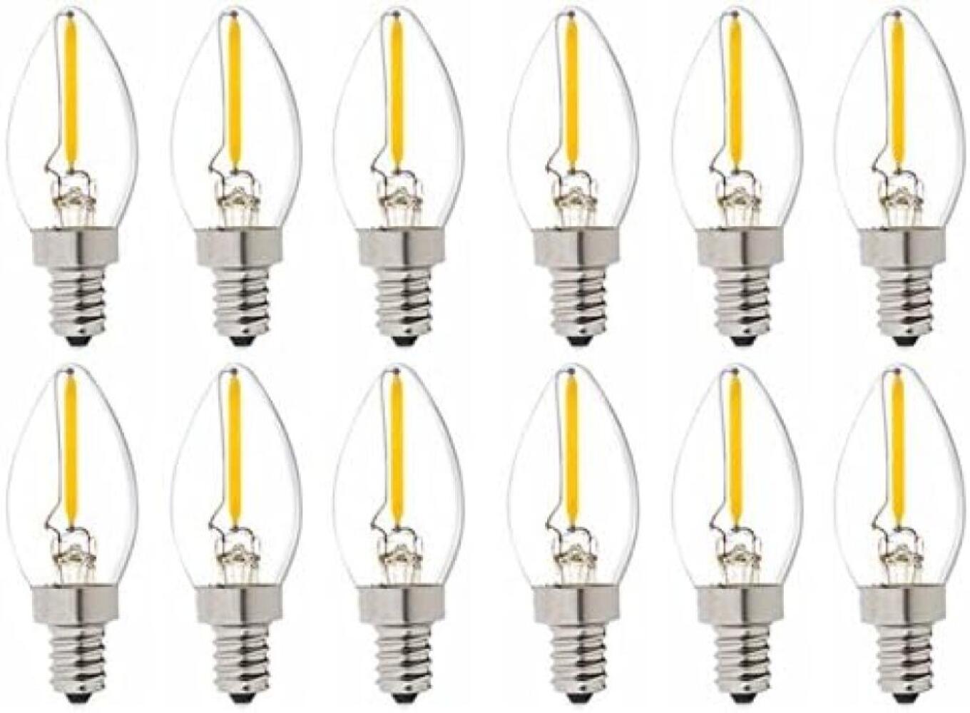Zestaw 12 żarówek LED C7 (1W, E14) – Ciepła Biel 2700K, Klasyczny Żarnik – Energooszczędne do Domu i Dekoracji