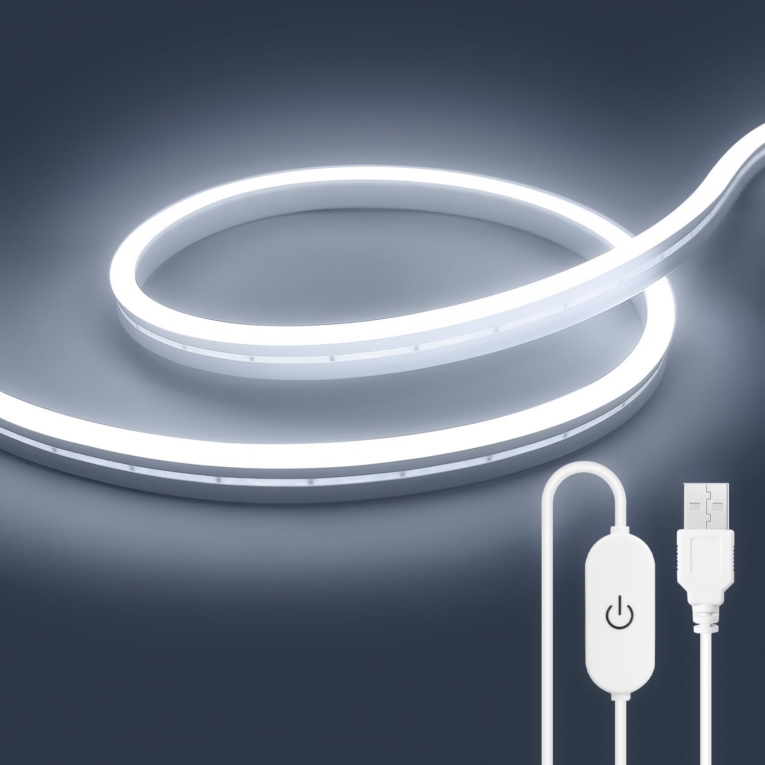 2-metrowa taśma LED neonowa o chłodnym białym świetle, 3000 K, 5 V, zasilana przez USB, zewnętrzna taśma LED o stopniu wodoodporności IP67 i ściemniac