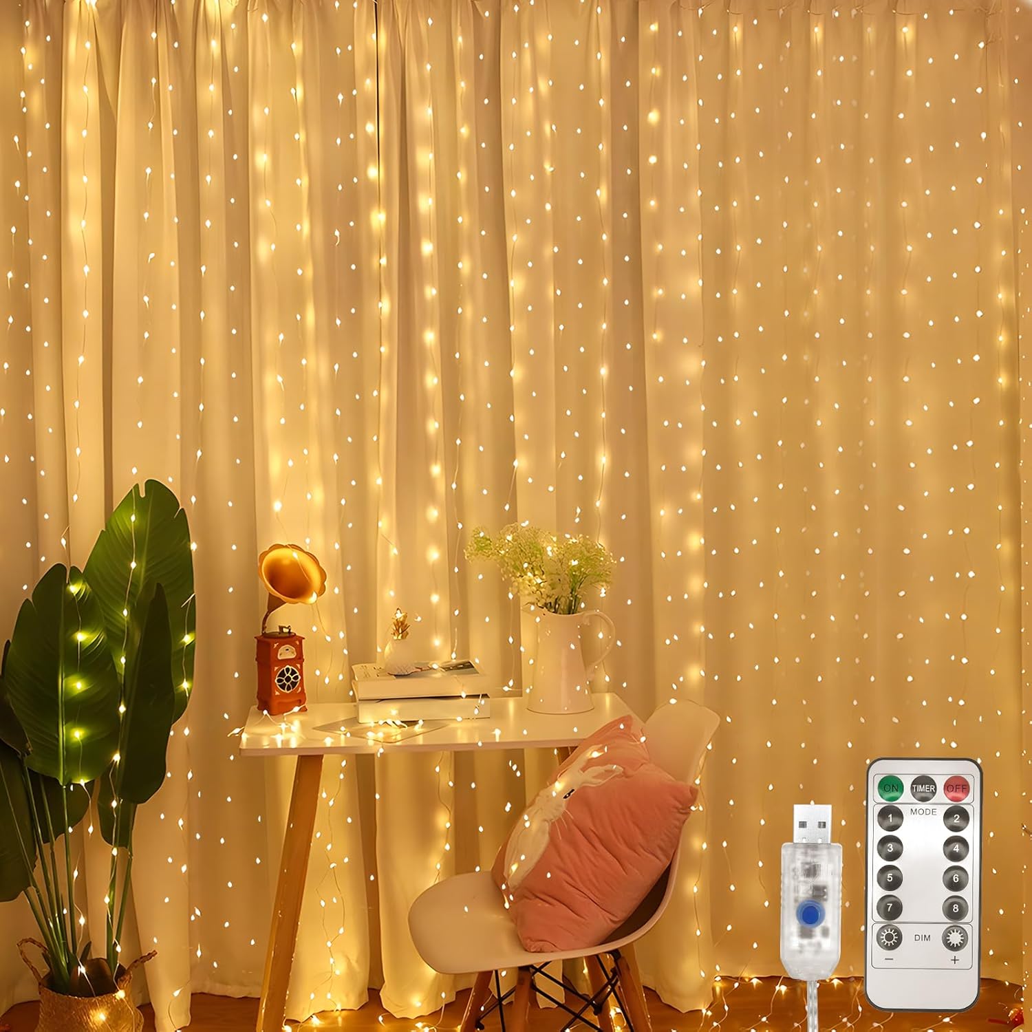 (Ciepła biel) 300 lampek LED, 3 x 3 m lampek choinkowych USB do użytku w pomieszczeniach, 8 trybów ściemniania z pilotem i timerem, wodoodporne lampki