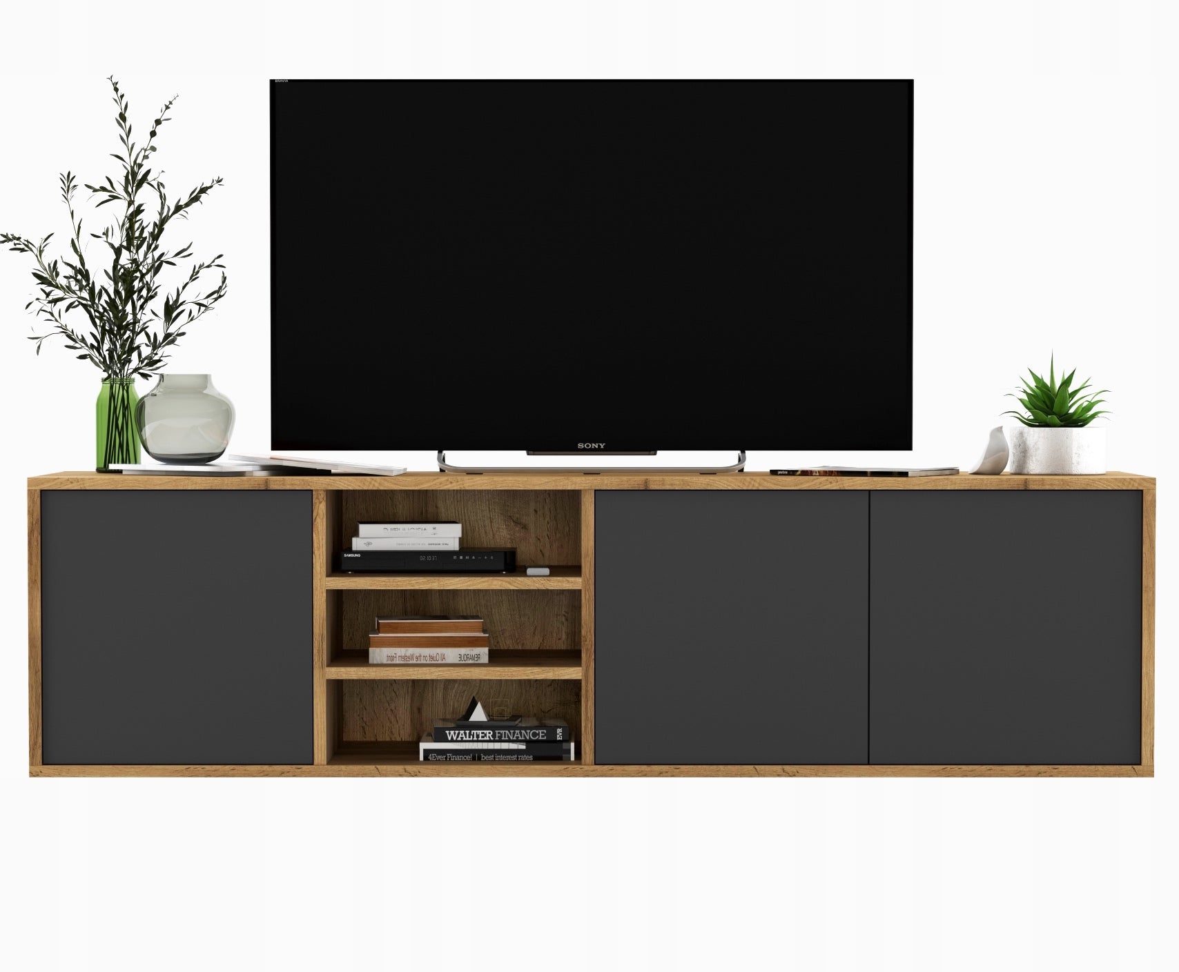Wisząca szafka RTV 150 cm dąb wotan grafit mat Loft, komoda RTV do salonu