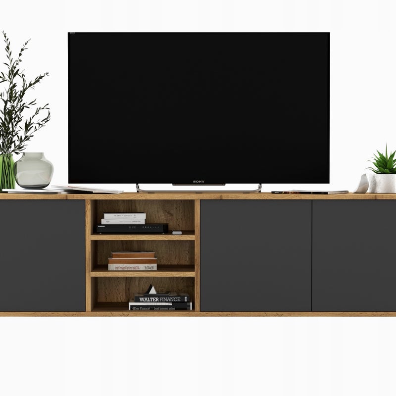 Wisząca szafka RTV 150 cm dąb wotan grafit mat Loft, komoda RTV do salonu
