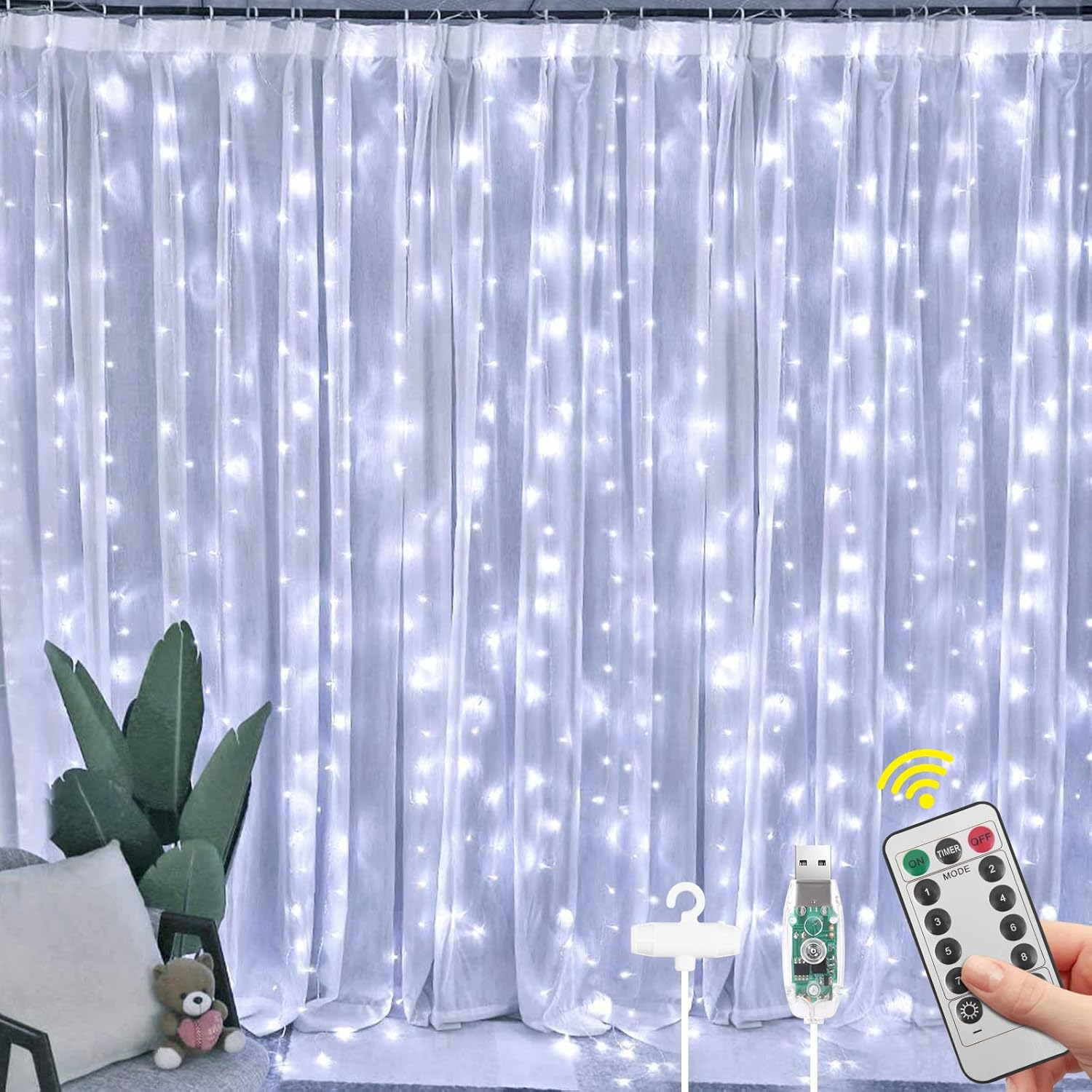 Kurtyna świetlna, 3m x 3m * 300 diod LED, 8 trybów oświetlenia, dekoracja do wewnątrz i na zewnątrz, chłodne białe światło