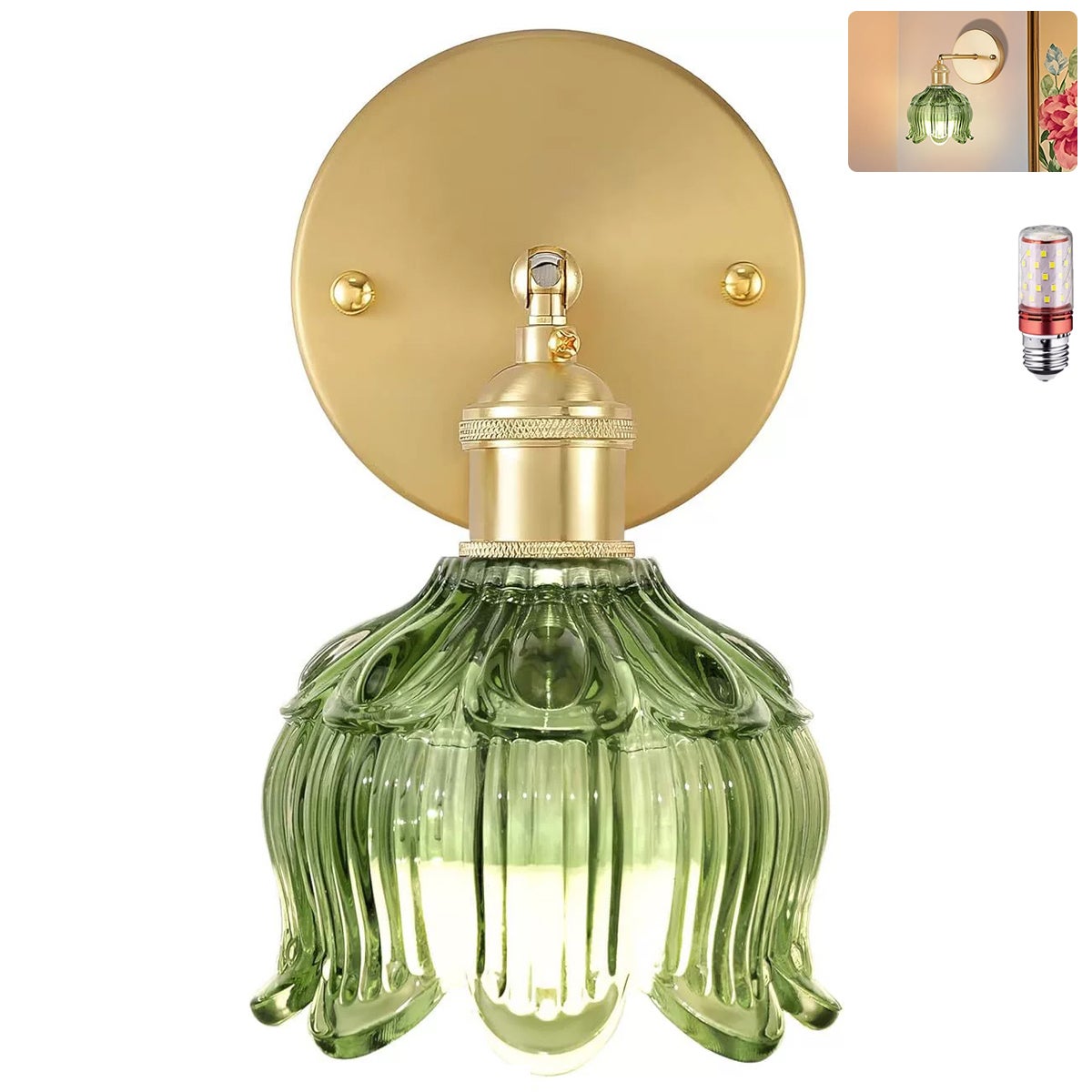 Kinkiet z żarówką, lampka nocna w stylu vintage, kinkiet do lustra łazienkowego, kinkiet kwiatowy z kloszem ze szkła