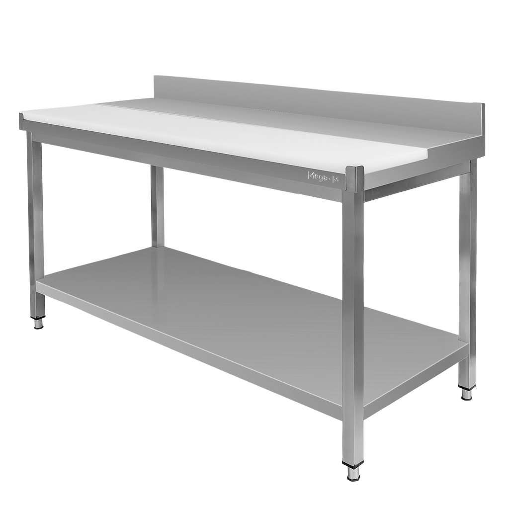 Stół roboczy gastronomiczny ze stali nierdzewnej Mega-M kuchenny przyścienny z płytą polietylenową i półką 150x70x85 cm