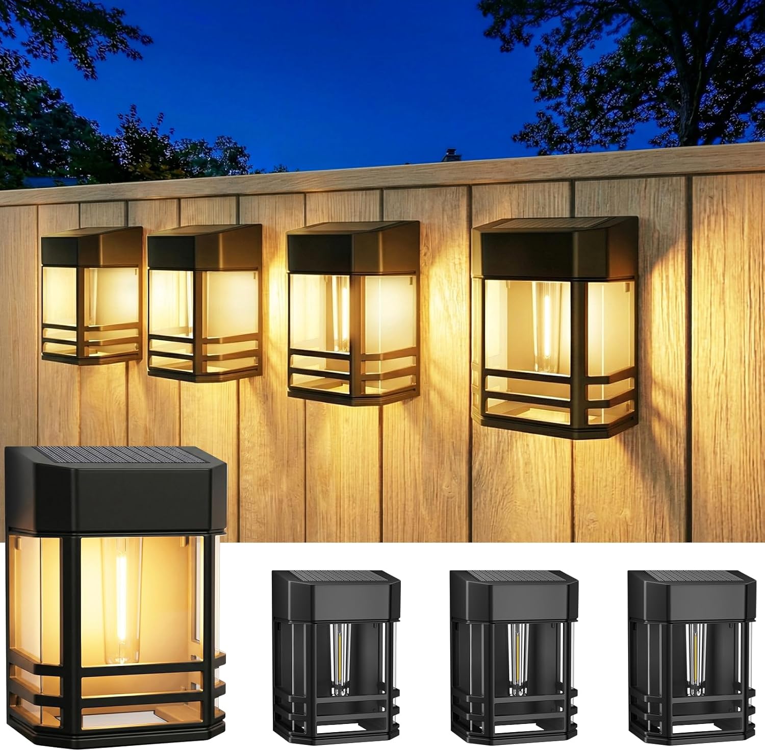 Zestaw 4 lamp solarnych LED w stylu retro, wodoodpornych, IP65, do dekoracji ogrodu, elewacji, patio, ogrodzenia, balkonu, ciepła biel