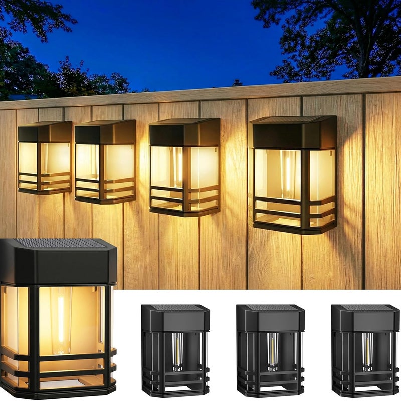 Zestaw 4 lamp solarnych LED w stylu retro, wodoodpornych, IP65, do dekoracji ogrodu, elewacji, patio, ogrodzenia, balkonu, ciepła biel