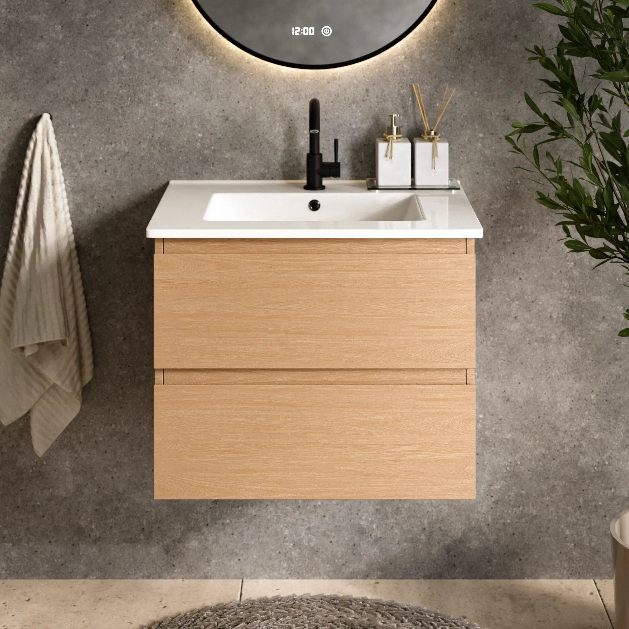 Mirlux Szafka pod umywalkę Norvi - 60 cm - jasny dąb - z białą umywalką w zestawie