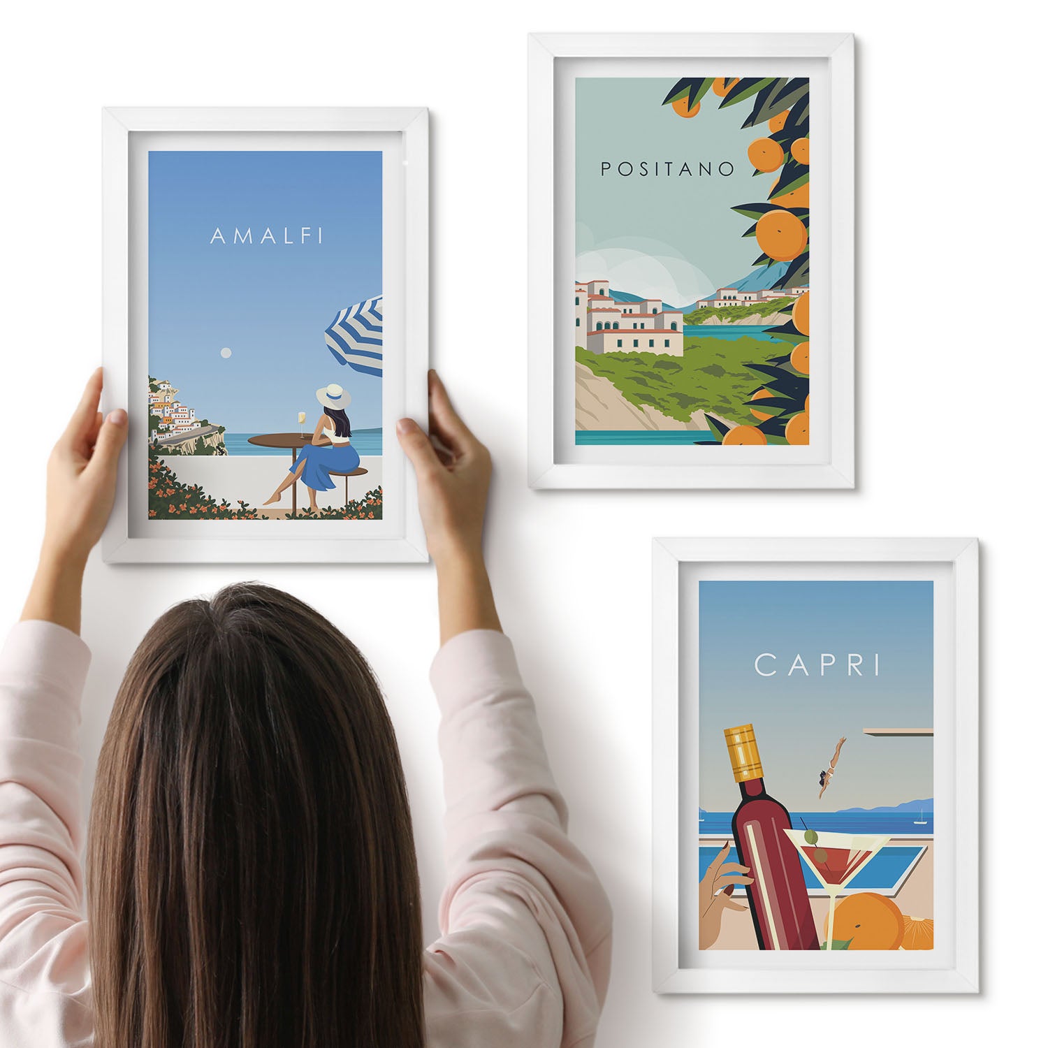 Galeria ścienna 3-częściowy komplet obrazów w białych ramach - Wakacyjne widoki Amalfi Positano i Capri - ArtPrintCave
