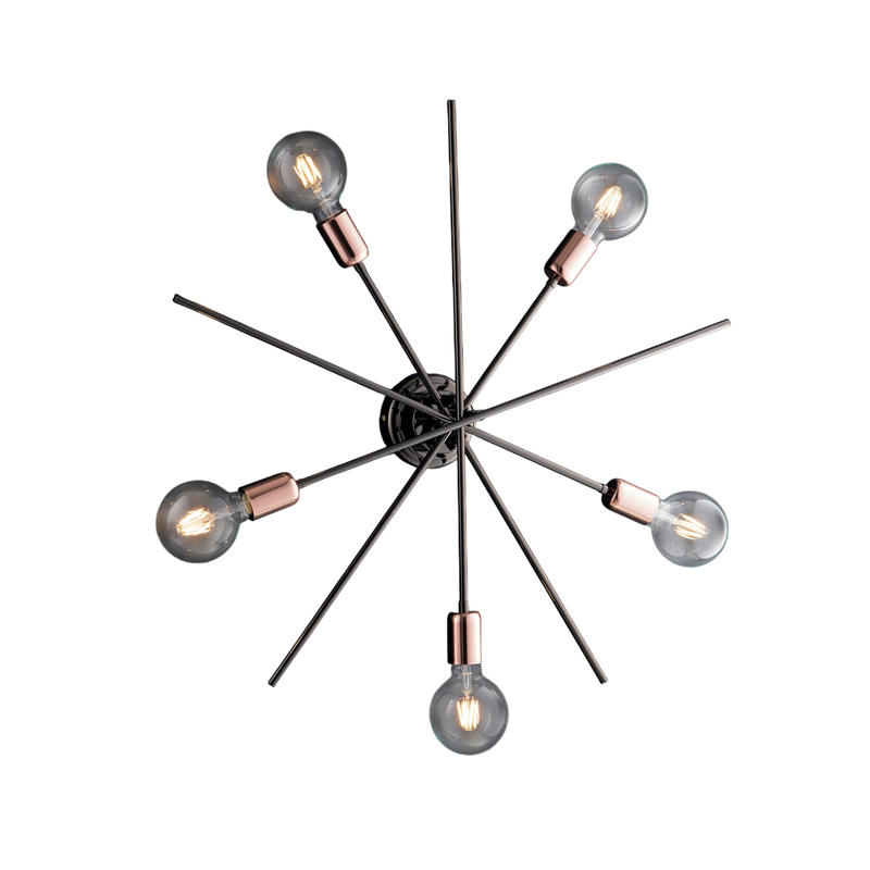Plafoniera ferro cromo nero e rame 5 luci H.22 - Ø65