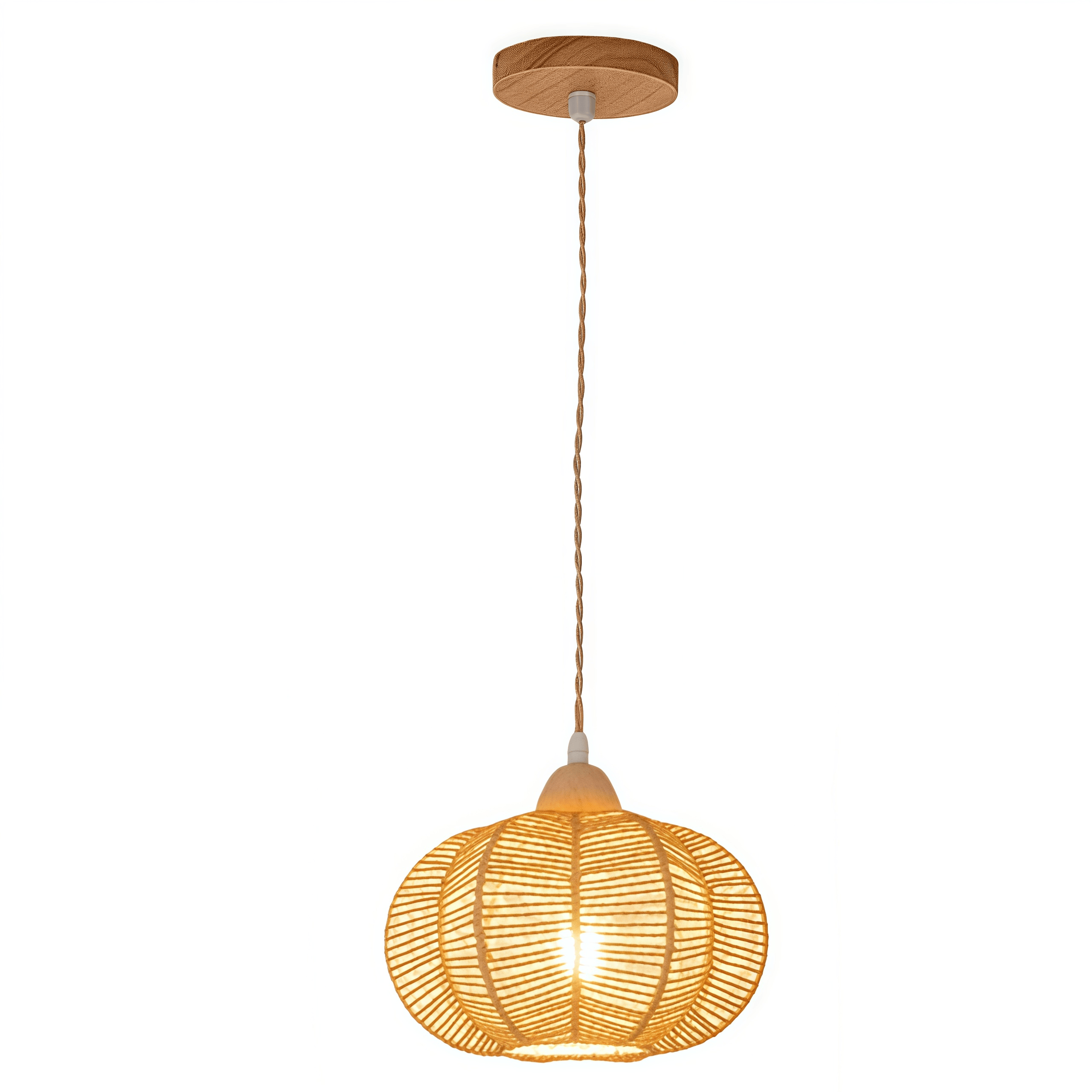 Żyrandol z rattanu w stylu boho, lampa nad wyspę kuchenną, żyrandol w stylu wiejskim, lampa sufitowa, okrągły, pleciony abażur z rattanu