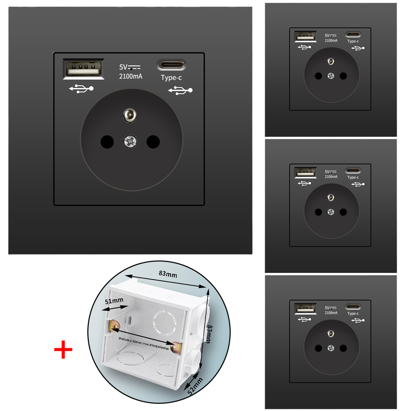 Zestaw 4 gniazd ściennych z USB i Type-C, 5 V 2,1 A, standard UE, gniazdo USB wpuszczane, listwa zasilająca z puszką montażową, 110-250 V (czarne)