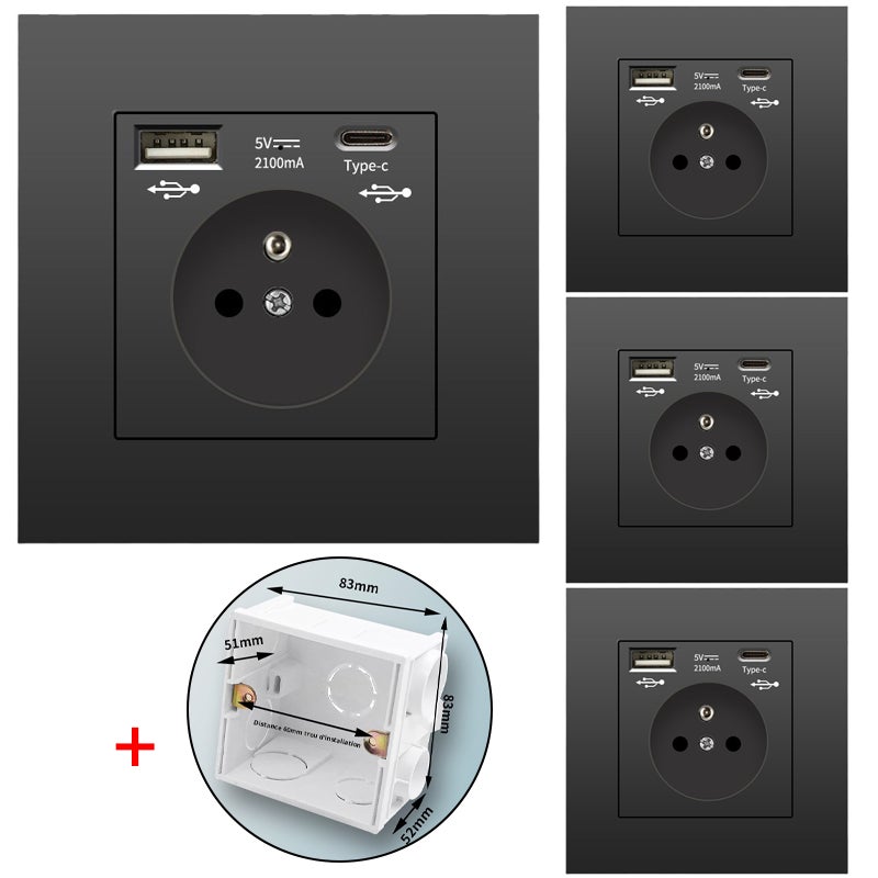 Zestaw 4 gniazd ściennych z USB i Type-C, 5 V 2,1 A, standard UE, gniazdo USB wpuszczane, listwa zasilająca z puszką montażową, 110-250 V (czarne)