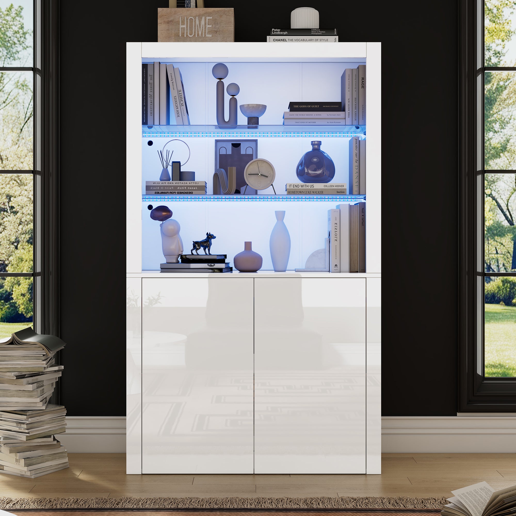 Komoda do przechowywania 100 x 35 x 170 cm, wodoodporna konstrukcja odporna na promieniowanie UV, z oświetleniem LED, biały, szkło oraz MDF