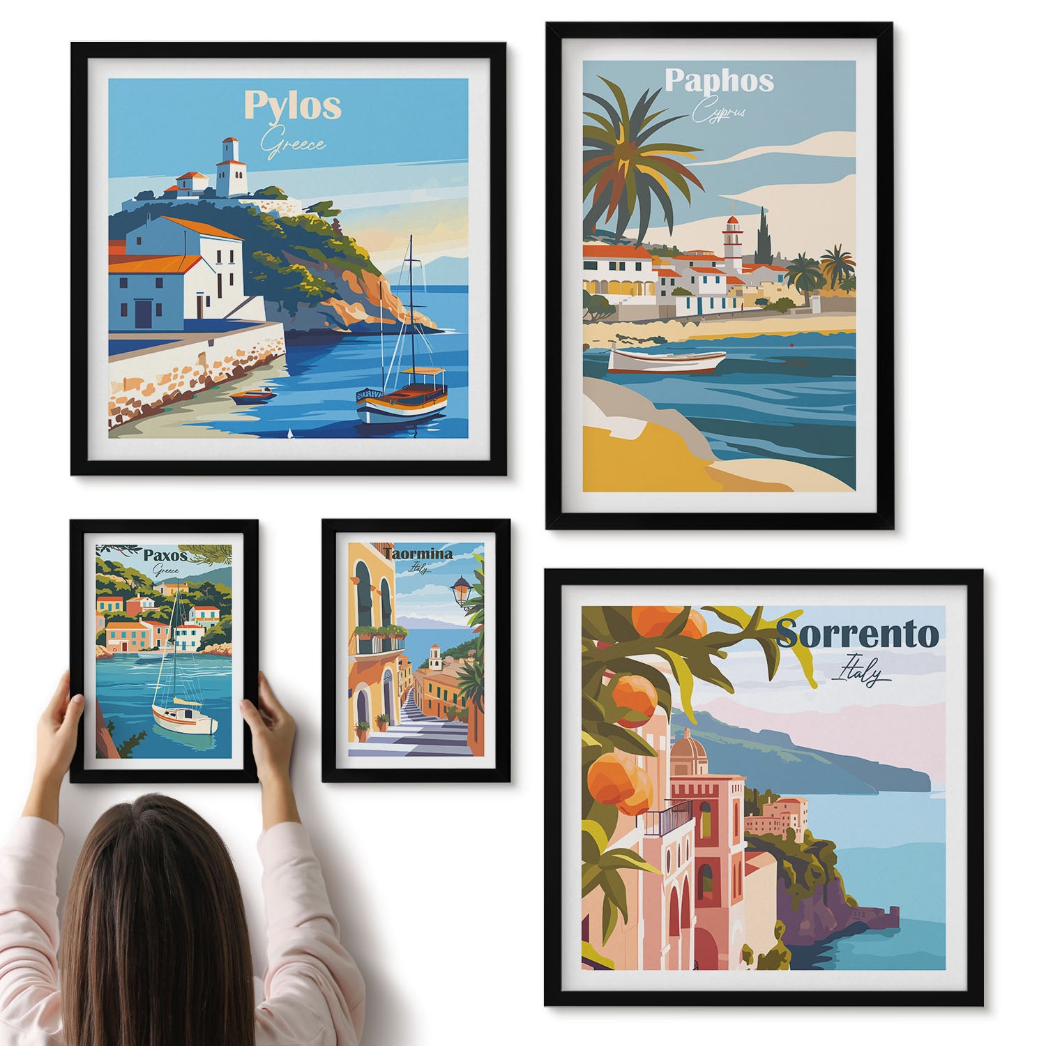Galeria ścienna 5-częściowy komplet obraz��w w czarnych ramach - Krajobrazy nadmorskie z urokliwymi miasteczkami Europy - ArtPrintCave