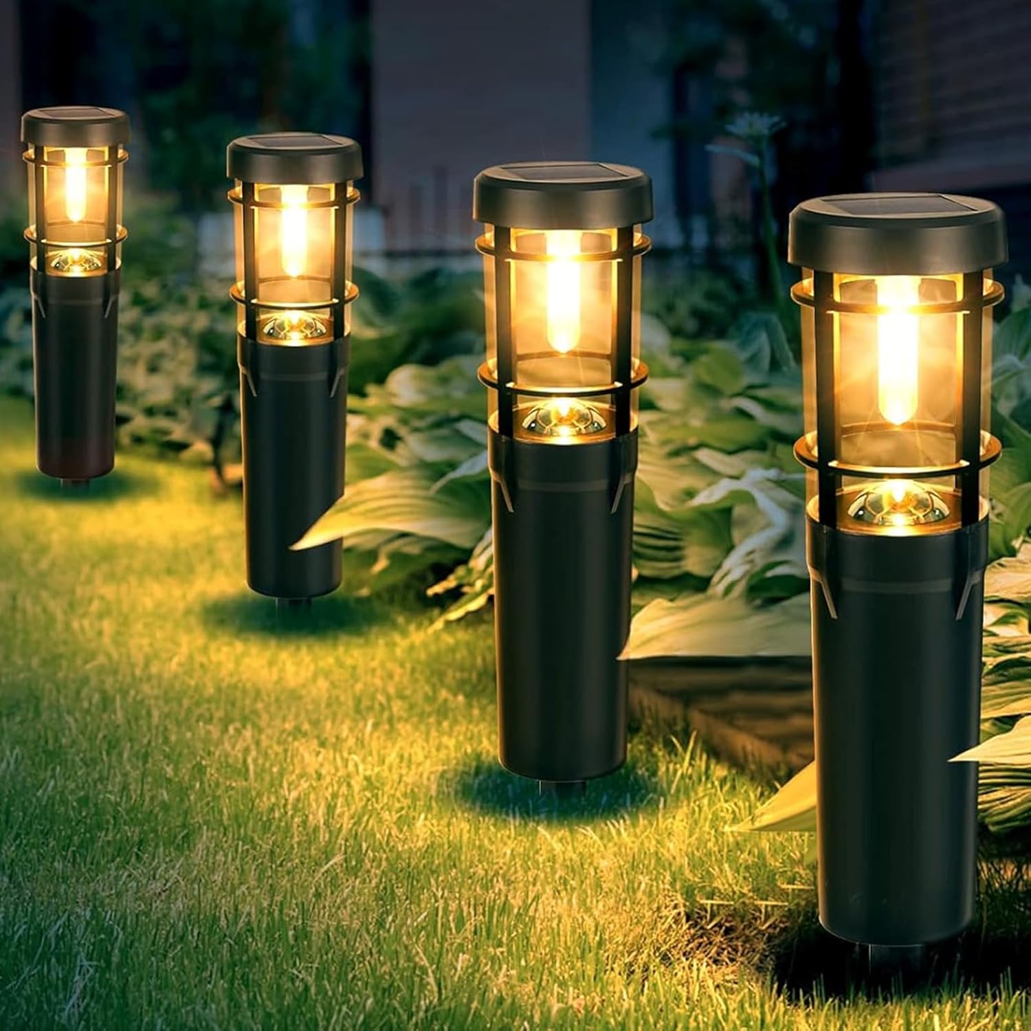 Lampy solarne zewnętrzne, zestaw 4 lamp solarnych LED do ogrodu, wodoodporne oświetlenie solarne zewnętrzne IP65 z kołkiem do wbijania w ziemię, ciepł