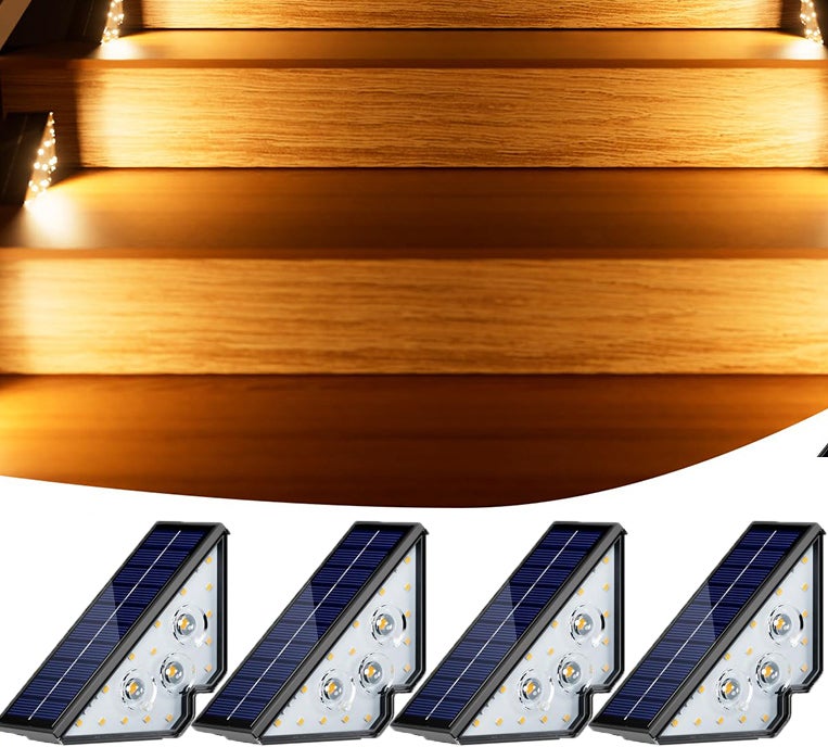 Zestaw 4 lamp solarnych do oświetlania stopni schodów, wodoodporne, 18 LED, odpowiednie na tarasy, ciepłe światło