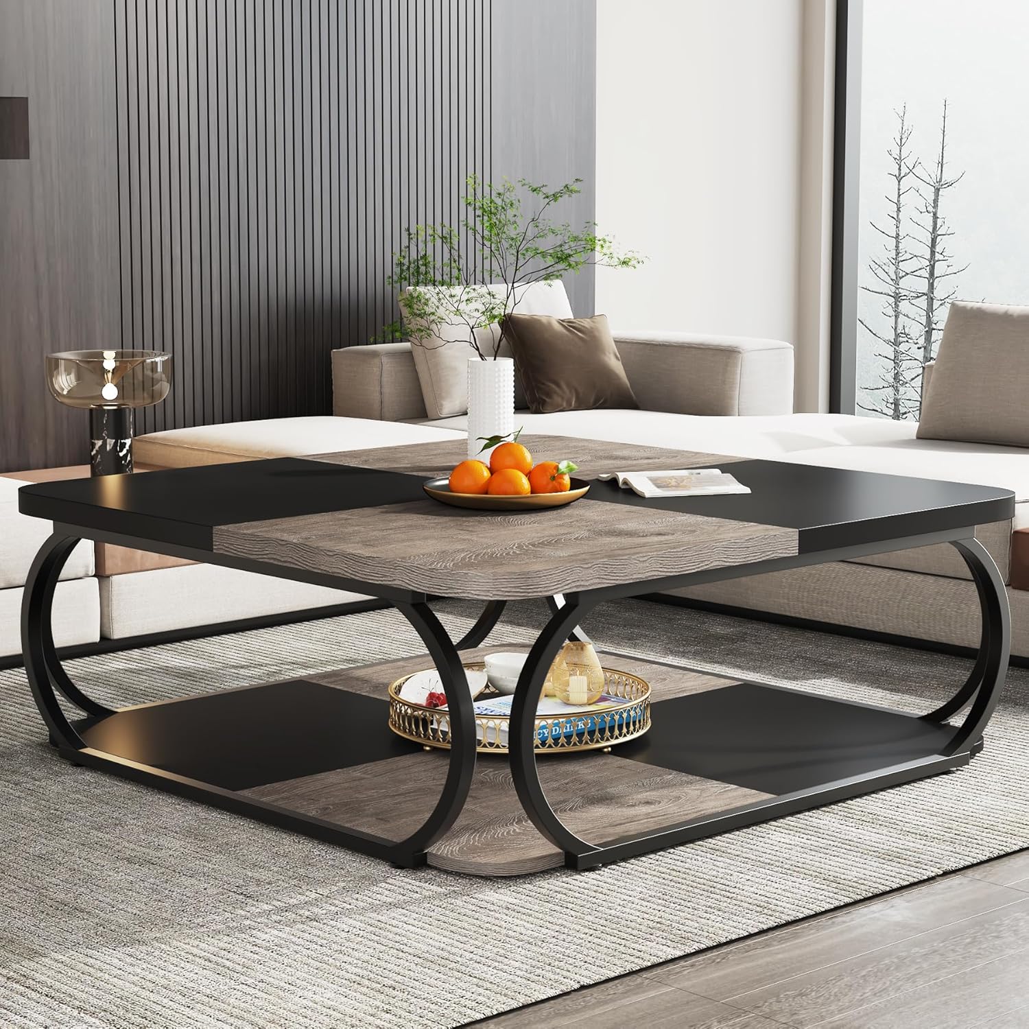 Tribesigns Kwadratowy stolik kawowy do salonu, 100 x 100 x 50 cm, drewniany stolik do salonu, industrialny stolik kawowy do salonu, szary i czarny