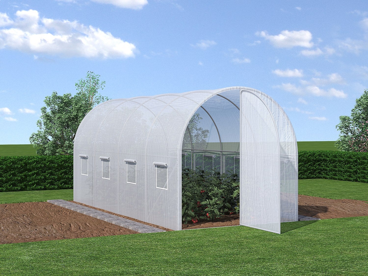Foliowe pokrycie do szklarni tunelowej z drzwiami ALOCASIA, 9&nbsp;m² – 450&nbsp;×&nbsp;200&nbsp;×&nbsp;200&nbsp;cm (dł. × szer. × wys.)