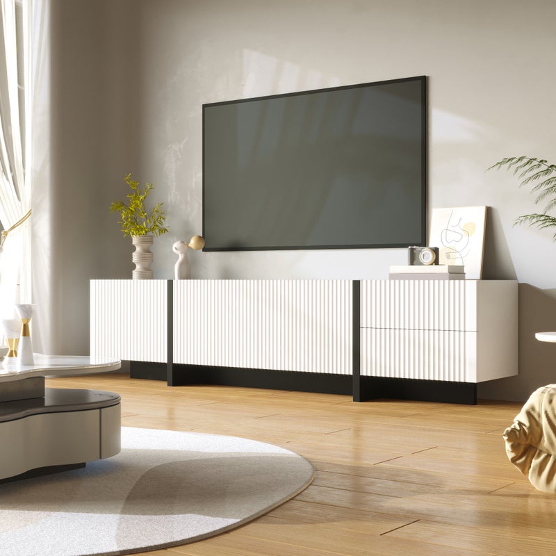 190 cm TV-Schrank mit 3 Türen, 2 Schubladen, szafka pod telewizor, czarno-biała, MDF, płyta wiórowa do domu, praktyczne przechowywanie, codzienne uzyt