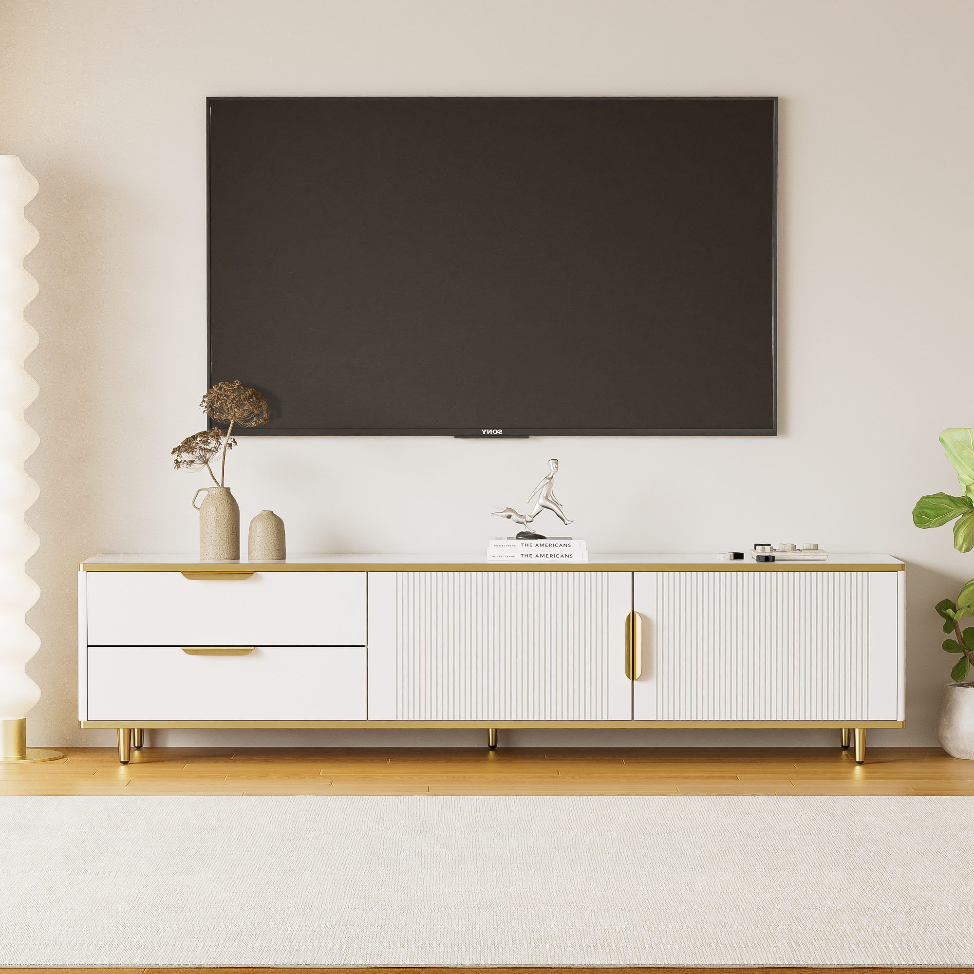 TV-Schrank z wykańczoną teksturą, złotymi szklankami i nogami, meble salonowe z strukturą marmuru - biało-złoty, 175x40x45cm, particle board